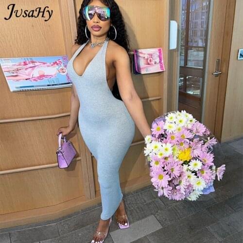 JuSaHy Sexy Deep V-Neck Maxi Dress for Women Solid Skinny Sleeveless Slim Backless Party Clubwear Female Vestidos Summer Trend