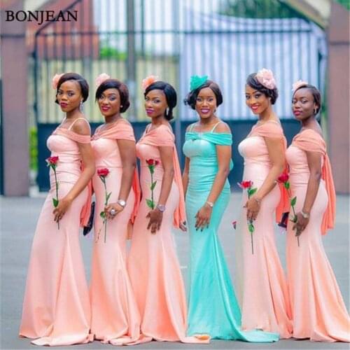 African girls Simple Pink Bridesmaid Dresses Mermaid Off Shoulder Sleeveless Spaghetti Strap Sweep Train Cheap Bridesmaid Dress