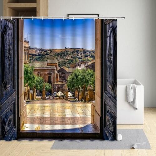 Retro Wooden Door Shower Curtains Old Window Farmhouse City Wall Leaves flowers Bathroom Waterproof Curtain With Hooks Sets