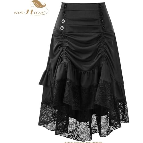 SISHION Black Goth Skirt Short Front Lace Vintage Punk Steampunk Gothic High Waist Skirt VD1106 Wine Red Blue Midi Skirts Womens