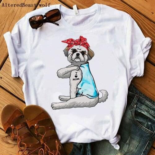 Shih Tzu I Love Mom Tshirt Women Harajuku Printed Bandana Mom Summer O-neck T Shirt Short Sleeve Casual Women T-shirt Female 90s