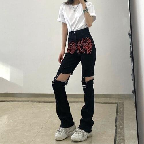 2021 Female Long Jeans Flame Print High Waist Hollow Out Trousers Pants for Spring Summer Fall Black S/M/L