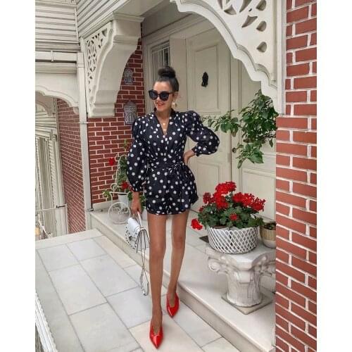 FNOCE Cross-border Foreign Trade Womens autumn New Style Polka-dot Jumpsuit V-neck Fold Decoration Lace-up Casual Shorts