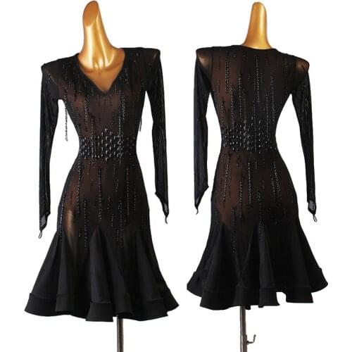 Female Latin Dance Performance Stage Clothes Beaded Tassel Rumba Samba Dancing Competition Costume Customized Size YS2240