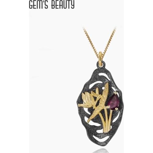 GEMS BEAUTY 925 Sterling Silver 18K Gold Filled Necklace For Women Flower Dragonfly Handmade With Natural Rhodolite Necklace