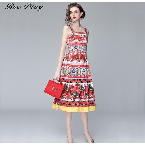 2021 Summer Rose Flower Print Boho Beach Dress Sleeveless Holiday High Waist Spaghetti Strap Mid-Length Pleated Floral Sundress