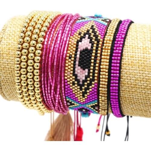ZHONGVI Bohemian Friendship 5pcs One Set Eye Lady Crystal Jewelry Women Adjustable Handmade Woven Tassel Miyuki Bead Bracelet