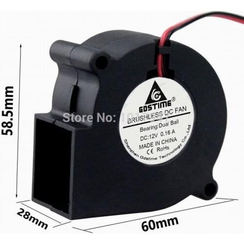 2 Pieces lot Gdstime 60mm x 28nn 6cm Dual Ball Bearing 2Pin 12v fan Brushless Exhaust Centrifugal Blower 6028