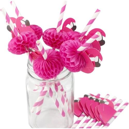 200pcs Honeycomb Flamingo on Paper Straws Baby Shower wedding decoration Hawaiian Luau Drinks Party Favor Hot Pink Stiped Straws