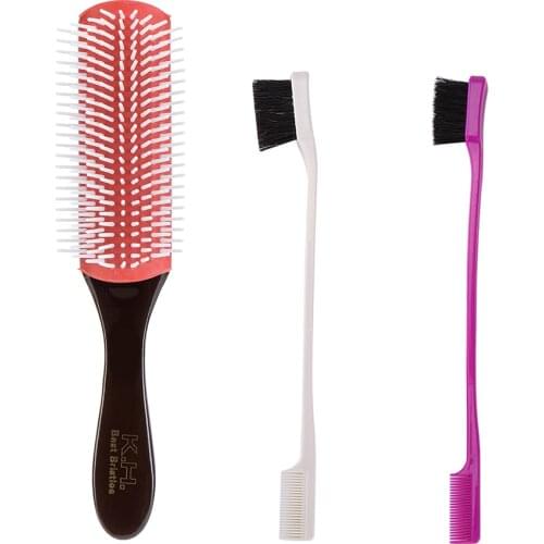 9-Row Hair Brush And Dual-Ended Hair Edge Brush Hair Styling Comb,Set of 3pcs,Random Color, Durable for Salon or Home Use