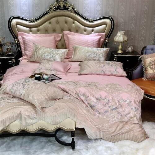 Noble Pink 120S Egyptian cotton Luxury Lace Edge Bedding sets Queen King Royal Duvet cover Bed sheet set Pillowcase 4pcs Europe