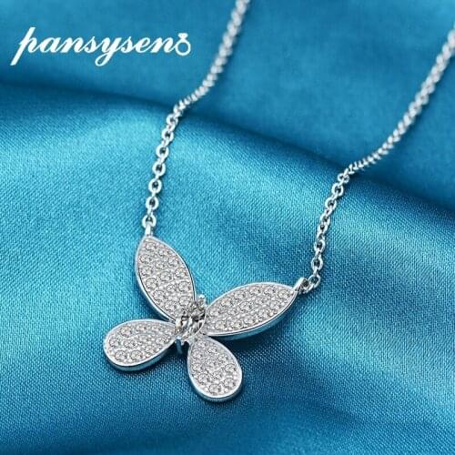 PANSYSEN Butterfly 100% Real 925 Sterling Silver Created Moissanite Gemstone Wedding Engagement Pendant Necklace Bridal Jewelry