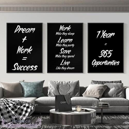 Black White Motivational Quotes Canvas Painting Wall Art Dream Work Success Letter Poster Modern Home Decoration Office Picture