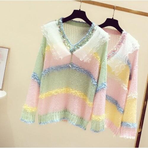 Color-blocking thin wool knit sweater female doll collar 2021 spring and autumn new product mesh stitching ruffled sweater