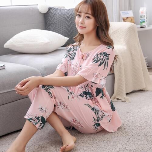 JULYS SONG 2 Pieces Floral Printed Pajamas Female Sleepwear O-neck Half Sleeve Elastic Waist Nightwear Womens Pajamas Set
