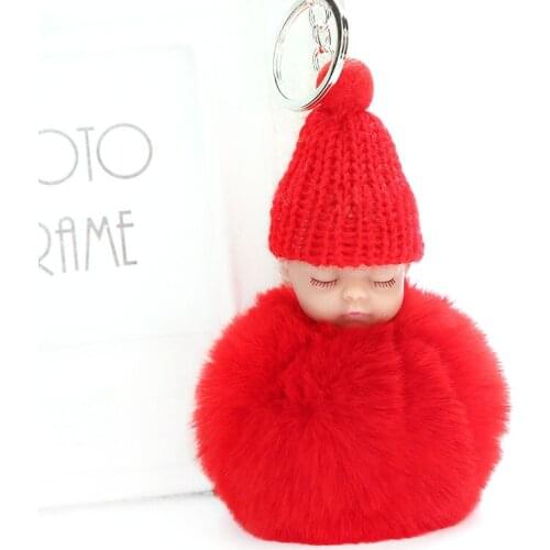 New Cute pompom keychain Sleeping Baby key chain fluffy fake rabbit fur ball women car bag pompon key ring pom pom holder Gift