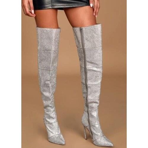 Moraima Snc Bling Bling Glitter Embellished High Heel Boots Pointed Toe Over the Knee Women Shoes Silver Thigh High Boots