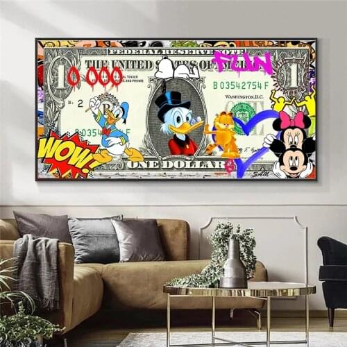 Cartoon Minnie Mickey Art Canvas Poster and Prints Creative Money 10000 Dollars Picture Wall Art Decor Painting for Living Room