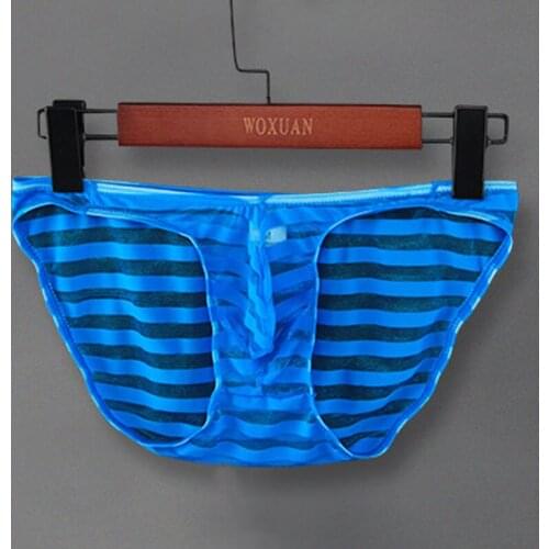 Men U Convex Pouch Brief Cockring Stripe Sheer See Through Brief Sexy Underwear Thongs Panties Brief Gay Wear Plus Size F10