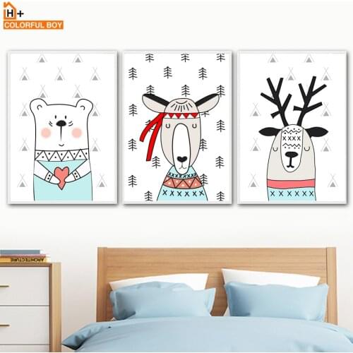 COLORFULBOY Bear Deer Wall Art Print Canvas Painting Animal Poster Nordic Baby Room Decor Canvas Prints Wall Pictures