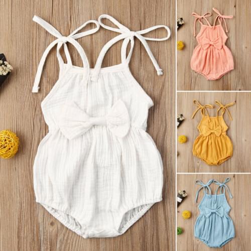 Baby Girls Bandage Strap Sleeveless Romper Bow Jumpsuit Outfit Summer Toddler Kids Infant Solid Clothes