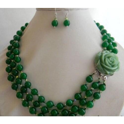 3Strands 18'' 8mm Round Jade Crystal Necklace AAA Natural jewelry