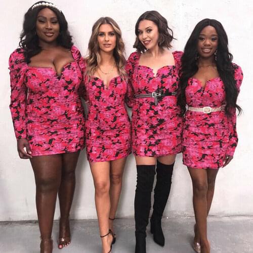 Sexy Vintage Womens Bodycon Evening Party Floral Dress Long Puff Sleeve Short Mini Evening Party Pencil Hip Package Dresses