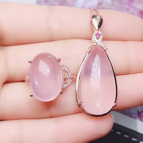 Per jewelry Natural real rose quartz drop style big jewelry set 1pc 7.5ct ring 1pc 15ct pendant 925 sterling silver J204711