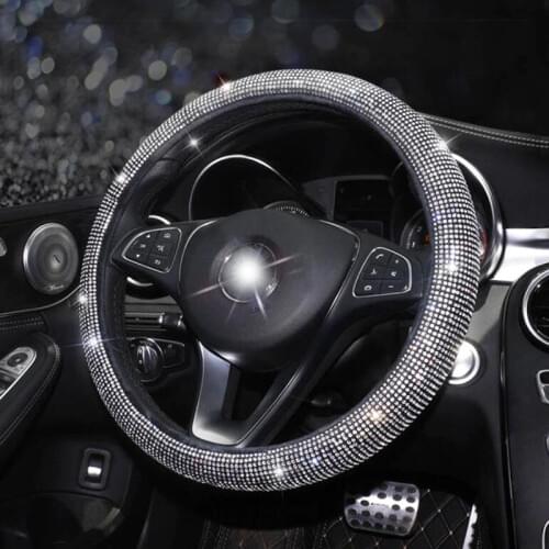 Luxury Crystal Auto Car Steering Wheel Covers Leather for Women Ladies Girls with Bling Steering Wheel Car Interior Accessories