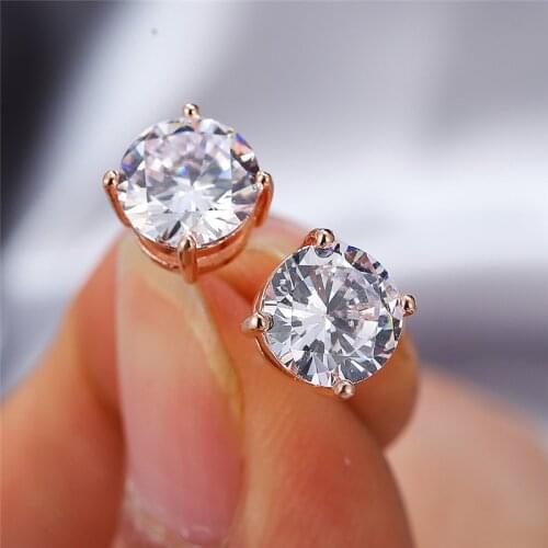Rose Gold Silver Color Wedding Earrings Geometric Round Stone Small Stud Earrings Simple Female White Crystal Earrings For Women