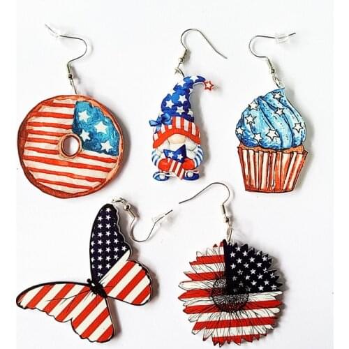 2021 Wholesale American Independence Day Earrings Dyed Sunflower Donut Flag Festival Butterfly Honey Dwarf Doll Earrings
