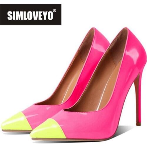 SIMLOVEYO New 2021 Women Pumps Pointed Toe 12cm Super High Thin Heels Patent Leather Slip-On Sexy Luxury Patchwork Size 43 B2486