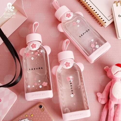 350ml Glass water bottle cherry blossom pattern transparent creative fresh cute girl heart portable sports outdoor cup