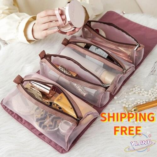 SWT Womens Cosmetic Bag Foldable Travel Organizer Hanging Nylon Mesh Separable Toiletry Pouch Rope Storage Makeup Bag