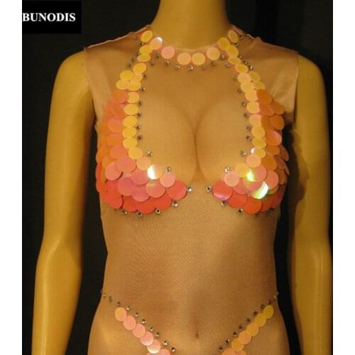 ZD209 Women Sexy Bodysuit Sleeveless Nightclub Party Sequins Jumpsuit Stage Wear Bling Costumes Dancer Singer Clothing