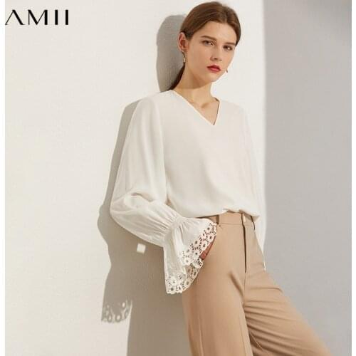 AMII Minimalism Autumn Fashion Embroidery Solid Women Blouse Tops Causal Vneck Loose Hollow Out Female Blouse 12040266