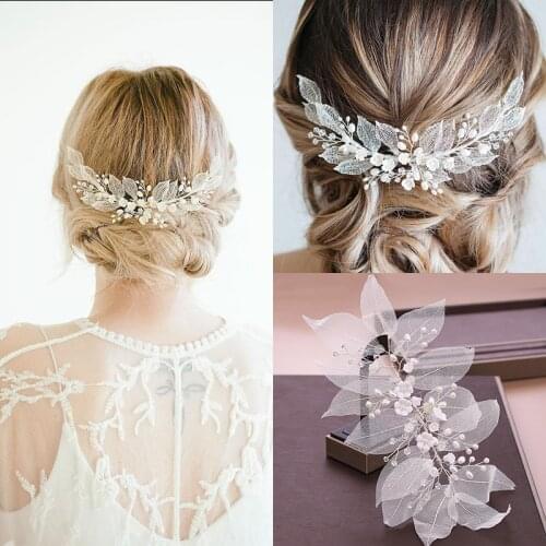 Silver Color Leaf Veil Headbands Pearl Crystal Hairbands For Women Fashion Hair Jewelry Handmade Wedding Bridal Hair Accessories