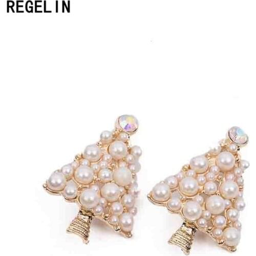 REGELIN Vintage Pearl Christmas Tree Brooch Pins 4.8x3cm For Women Metal Alloy Crystal Lapel Brooch Pins Female Party Jewelry