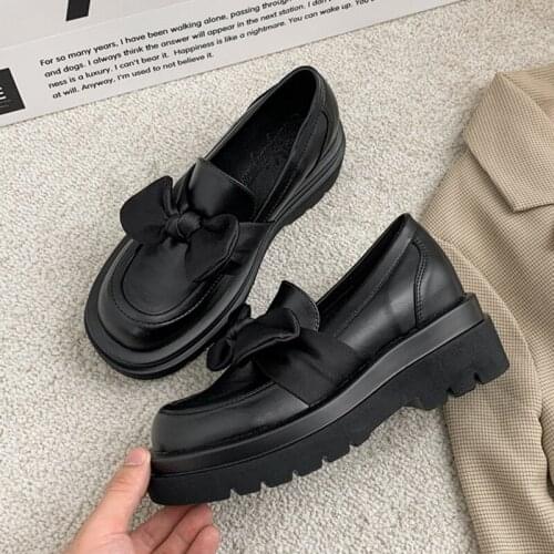 Wedges Platform Shoes Women Slip on Pump Butterfly Knot Leather Shallow Oxford Casual Thick Bottom Shoes Black Zapatos De Mujer