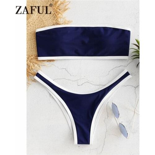 ZAFUL Contrast Trim Bandeau Bikini Padded Swimwear Women Swimsuit Thong Bikini Set Sexy Strapless Patchwork Biquni Bathing Suit