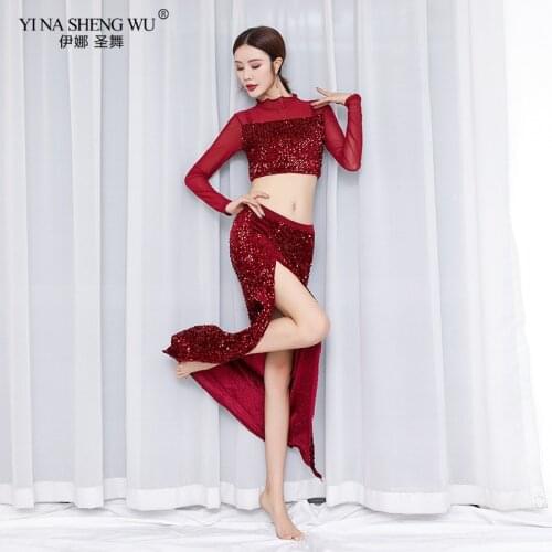 Women New Style Belly Dance Sequin Set New Oriental Dance Dance Competition Costume Top+Long Skirt 2pcs In Belly Dance Wear New