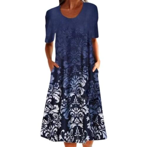 Women Dress Stylish Flower Printed Round Neck Knee Length Casual Vintage Party Casual Vintage Women Beach Dresses Plus Size