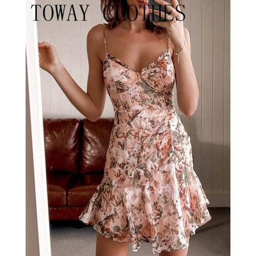 Floral Print Ruffle Hem Backless Casual Dress Sweet Sexy Party Look for Women 2021