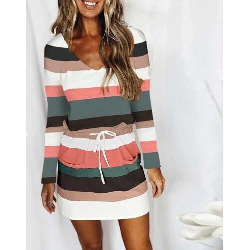 Spring and Autumn Womens Dress Striped Lace Casual Long Sleeve V-Neck Dress