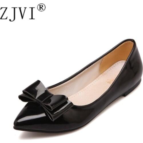 ZJVI Women Fashion Bowtie Patent PU Flats 2020 Spring Summer Flat Shoes Ladies Woman Pointed Toe Womens Black Casual Party Shoes