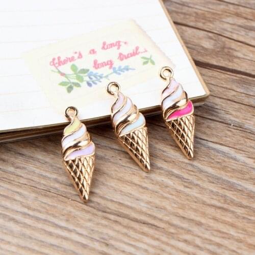 10pcs Enamel ice cream cone charms for bracelet, fashion gold metal ice-cream cone pendants jewelry making for women girl bijoux