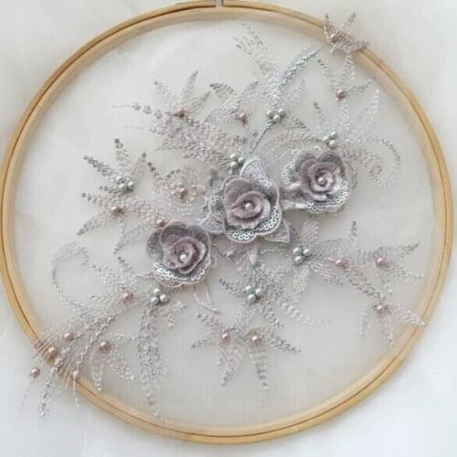 2pcs / lot 3D sequins beading embroidered lace patches for clothing Accessories lace applique dress DIY