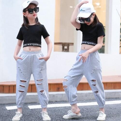 2021 New Fashion Summer Girls Clothes Tops+Hole Jeans 2pcs Teens Children Clothing Sets Outfits Kids Casual Sports Suit 6 10 12