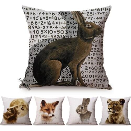18" Wildlife Lion Fox Bunny Leopard Racoon Pattern Cushion Cover Square Watercolor Home Decor Linen Sofa Chair Throw Pillow Case