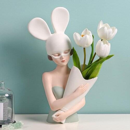 Girl Figurines Flower Vase Planter Pot Resin Desktop Bedroom Desk Sculpture